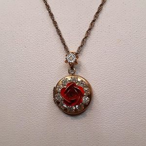 Vintage Red Rose Locket Necklace 18" Long Gold Filled Chain